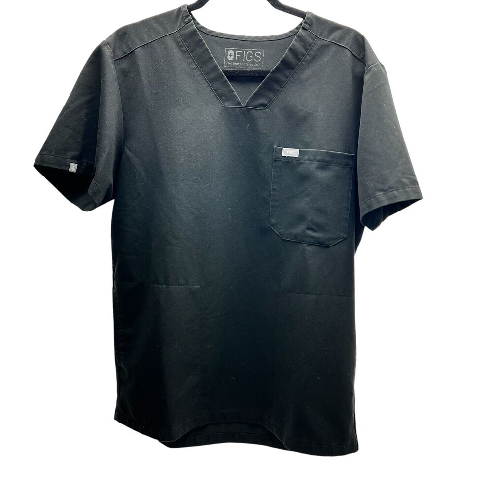 Figs Scrub Shirt Women's M/L Black Three Pocket V Neck Short Sleeve Technical